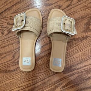 DV by Dolce Vita Tan Raffia Slide Sandals with Beaded Buckle